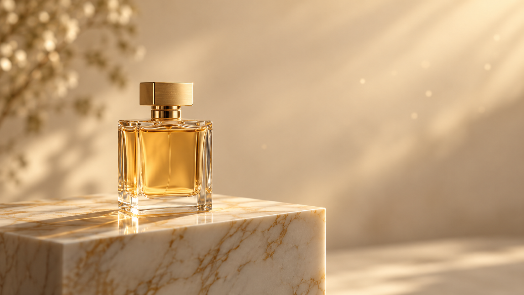 A perfume bottle glowing in warm golden light atop a marble pedestal